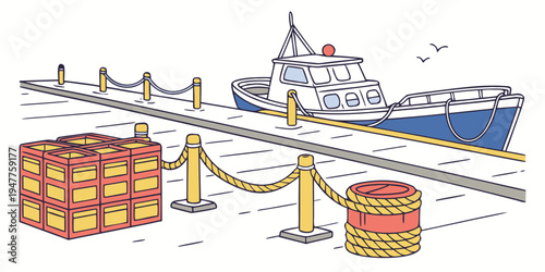 A blue and white boat docked next to cargo containers Vector