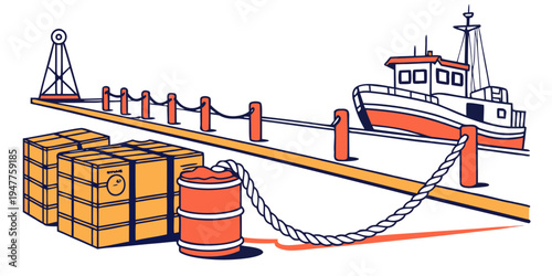 Cargo ship loading containers and barrel onto dock Vector