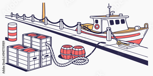A boat is docked next to a fuel storage tank Vector