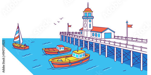 A pier with a lighthouse and boats in the water Vector