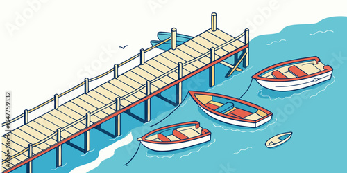 A pier with several boats in the water Vector