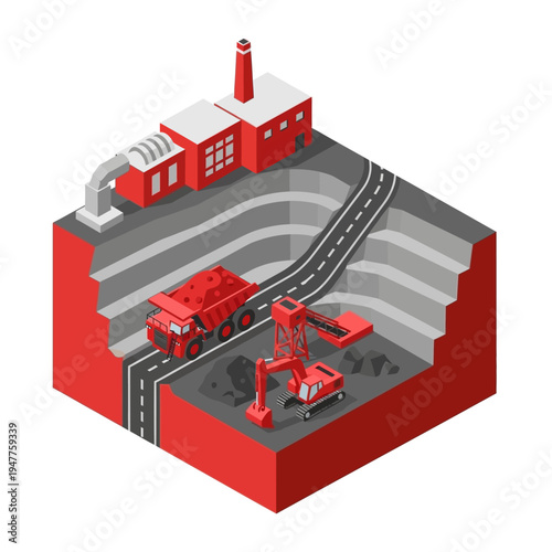 Isometric illustration of an open-pit coal mine with heavy machinery and a processing plant.