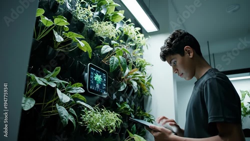 Teen using tablet for plant monitoring in vertical garden indoor environment. Plants, technology, indoor, tablet, garden, teen, monitoring.