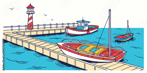 A red and white sailboat docked at a pier by a lighthouse Vector