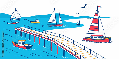 A red and white sailboat on the water near a pier Vector