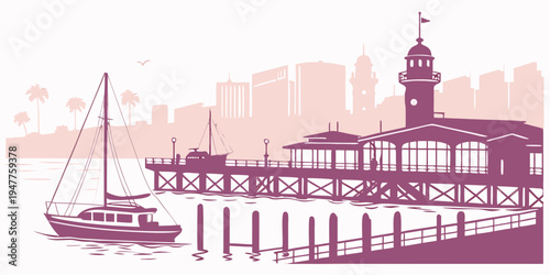 A purple silhouette of a pier with a building and a sailboat Vector