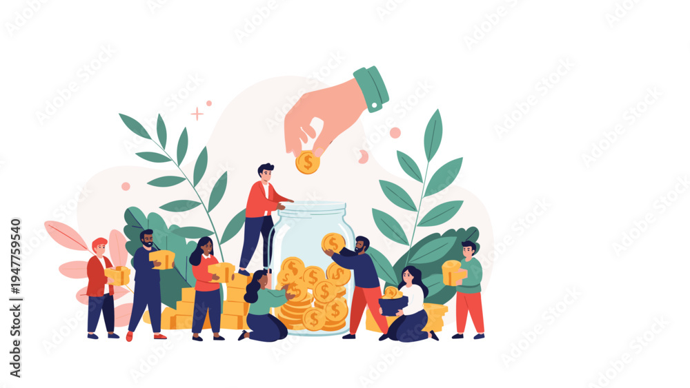 Fototapeta premium Group of tiny people working together to fill a large glass jar with gold coins illustrating the concept of community savings and donation.