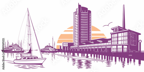 A purple silhouette of a city skyline with a sailboat Vector