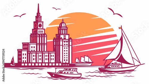 Sailboat in front of a city skyline at sunset Vector