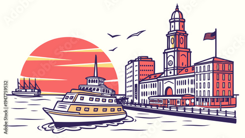 A pixel art illustration of a ferry and cityscape at sunset Vector