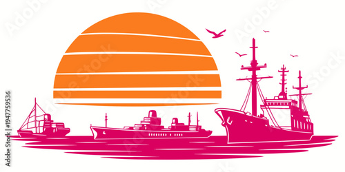 Ships sailing towards the sunset on the ocean Vector