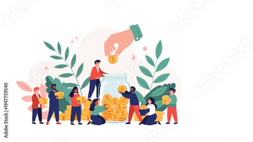 Group of tiny people working together to fill a large glass jar with gold coins illustrating the concept of community savings and donation.