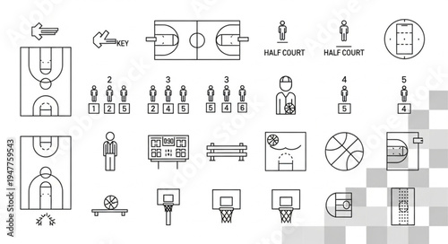 Basketball Icons and Symbols - Court, Players, Equipment, and Actions.