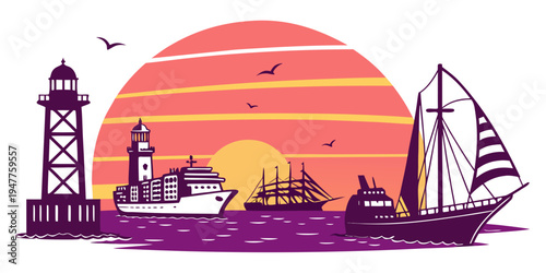 Sailboat and lighthouse at sunset Vector