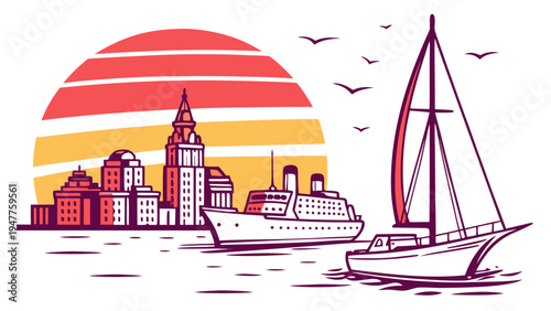 A sailboat in front of a city skyline at sunset Vector
