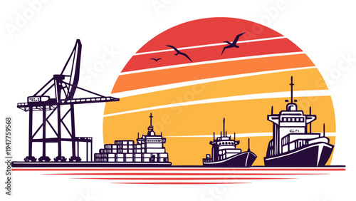 Ships and cranes are docked at a port during sunset Vector