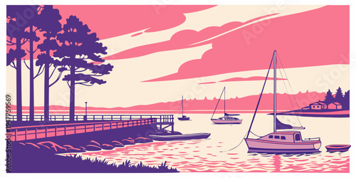 A serene lake scene with a sailboat and trees Vector