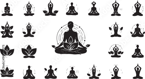 Meditation and yoga icons in black and white design