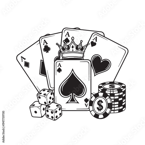 Casino Poker Cards with Crown Dice and Coin Bold Line Art Vector Illustration