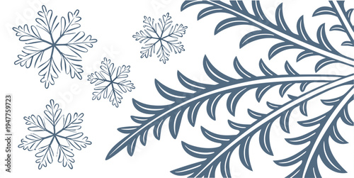 A blue and white illustration of a sprig of rosemary with snowflakes Vector
