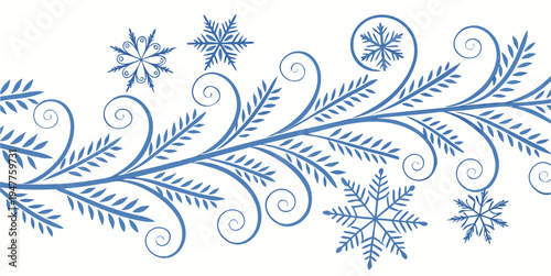 Blue floral embroidery design with snowflakes Vector