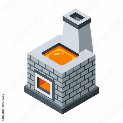 Isometric illustration of brick furnace.
