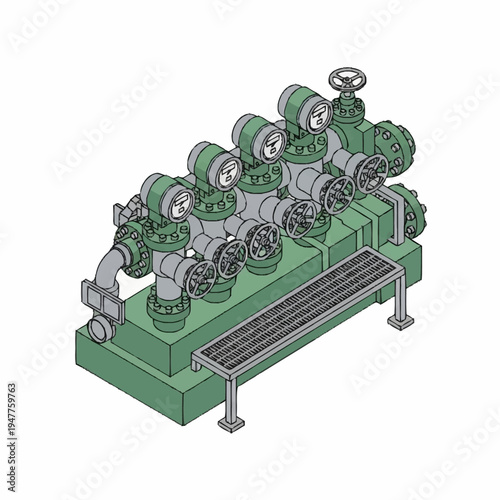 Isometric view of a complex industrial manifold system with multiple valves and gauges, designed for fluid control and distribution.