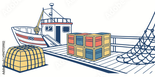 A cargo ship with containers on the deck and a fishing net Vector