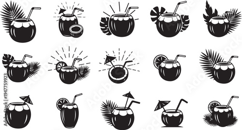 Cocktail icons with tropical leaves and umbrella straws collection