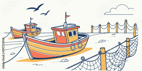 A small fishing boat sitting on the shore by the sea Vector