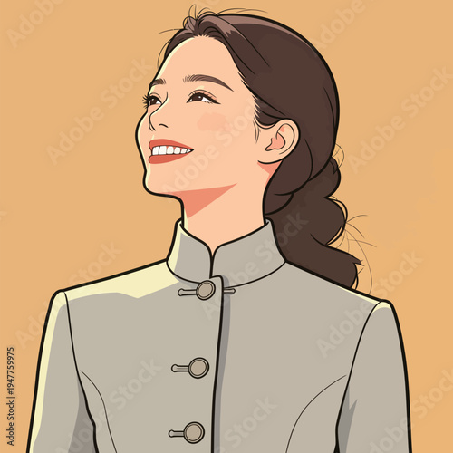 A woman stands with a slight smile, looking upwards. Her hair is tied back and she wears a light-colored jacket. The background is yellow.