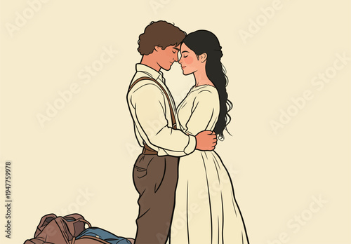 A couple stands close together, leaning in for a moment as their backpacks sit on the ground nearby in an outdoor setting.