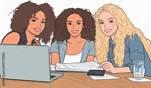 Three friends are gathered around a table in a bright room. They are focused on the laptop and discussing papers while enjoying their time.