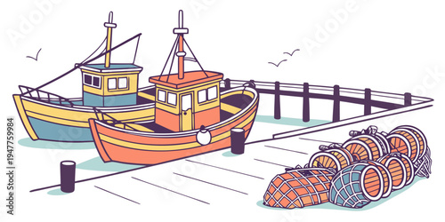 Two fishing boats and a pile of lobster traps by the dock Vector