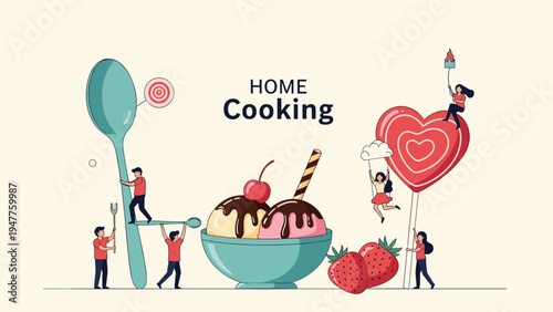 Creative illustration titled Home Cooking featuring tiny people interacting with giant ice cream strawberries a spoon and a heart candy.