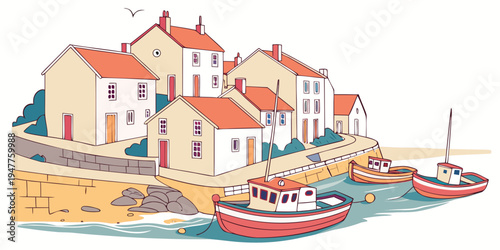 A small village with boats docked in the harbor Vector
