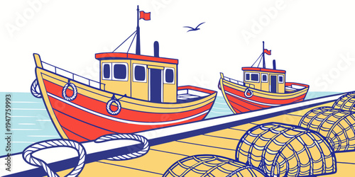 Two fishing boats are docked at a pier by the sea Vector