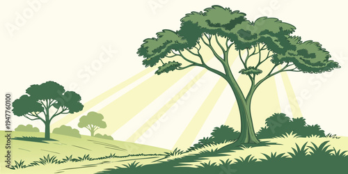 A tree on a hill with sun rays shining through its leaves Vector