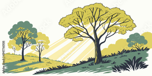 A tree with yellow leaves on a grassy hill Vector