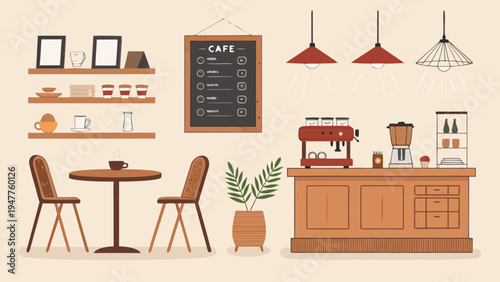 Flat Design Cafe Interior Vector Illustration Set with Modern Coffee Shop Furniture, Equipment, and Decor Elements for Web and Print Projects