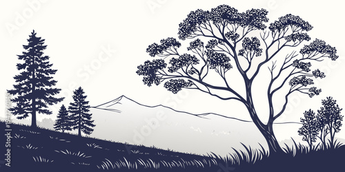A scenic landscape with trees on a hillside Vector