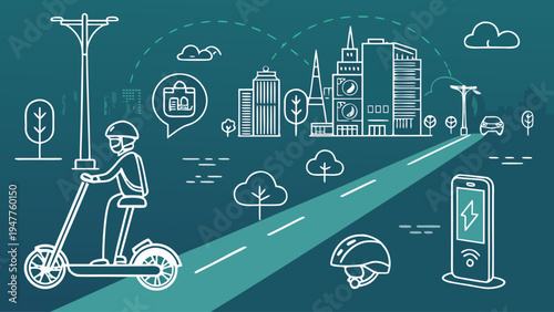 Eco-Friendly Urban Commute Electric Scooter Rider Navigating a Connected Smart City with Advanced Technology and Sustainable Mobility Solutions
