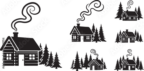 Black and white houses with smoke coming out chimneys