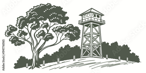 A tower and a tree on a hill Vector