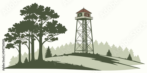 A water tower with a red roof on a hill near trees Vector