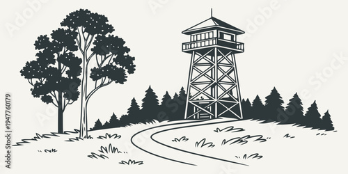 A fire lookout tower in a forest with a winding path and trees Vector