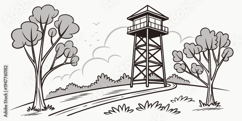 A fire lookout tower in a rural setting Vector