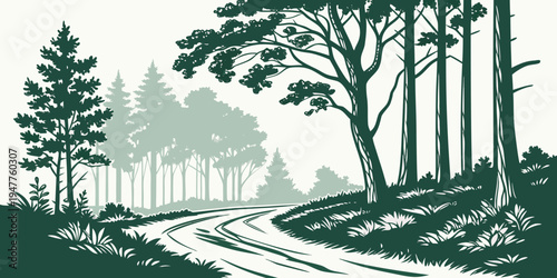 A forest road with trees on a hillside Vector