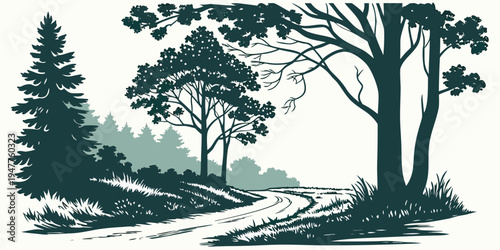 A forest landscape with trees on a hill Vector