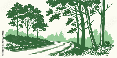 A green forest road with trees on both sides Vector